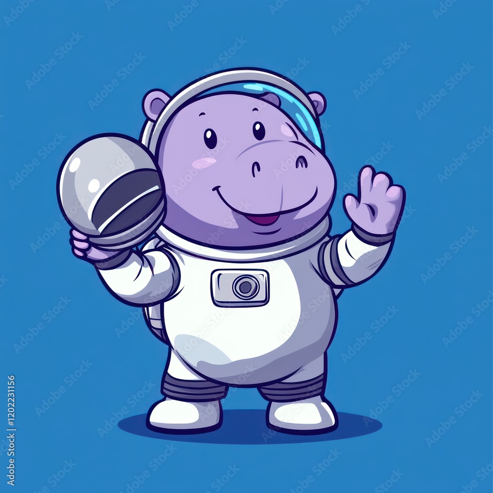 Hippo astronaut waves, space helmet, blue background, children's illustration Hippo astronaut waves, space helmet, blue background, children's illustration