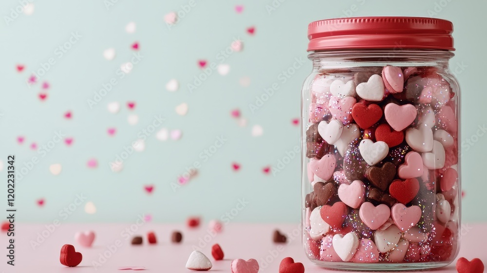 Valentine's Day and DIY gifts concept. A jar filled with colorful heart-shaped candies on a soft background with scattered confetti. Valentine's Day and DIY gifts concept. A jar filled with colorful heart-shaped candies on a soft background with scattered confetti.