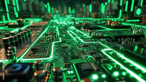Close-up of a green printed circuit board with processor and electronic components