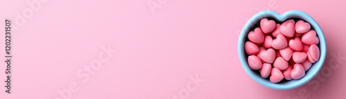 Colorful heart-shaped candies in a heart bowl on a soft pink background.