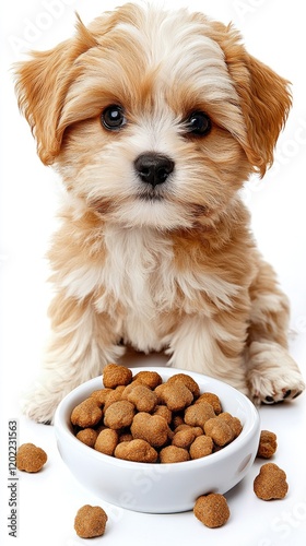 Playful Puppy Enjoying a Bowl of Delicious Dog Food in a Bright Studio Environment photo