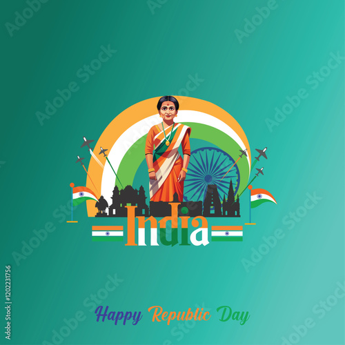 India Republic day. 26 January Indian women tiranga dress. Indian Tricolor flag with India buildings monument. Parade of aircraft, tricolor smoke and india gate munnament