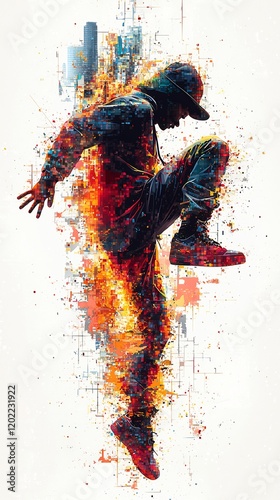 Vector illustration of breakdancer in a dynamic toprock pixelated with vibrant abstract lines of color radiating on a white background energetic and bold photo