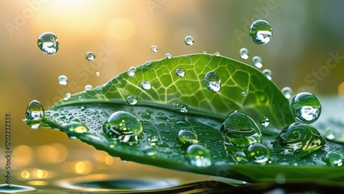 Close-up of water drops on a green leaf in the morning showcasing nature's freshness
