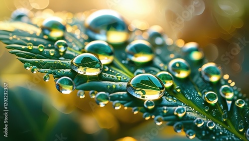 Close-up of water droplets on a green leaf with reflections and bubbles