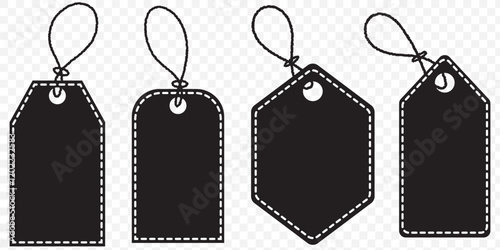Four red hanging wobbly sale tags with strings isolated on transparent background. Set of Sale tags and labels. Price tag. Group of Hanging red sales tag . Collection of Paper label. Special offer.