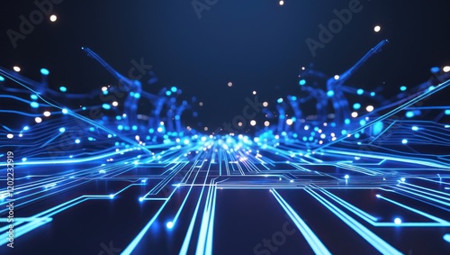 Glowing blue abstract background with light rays and energy bursts