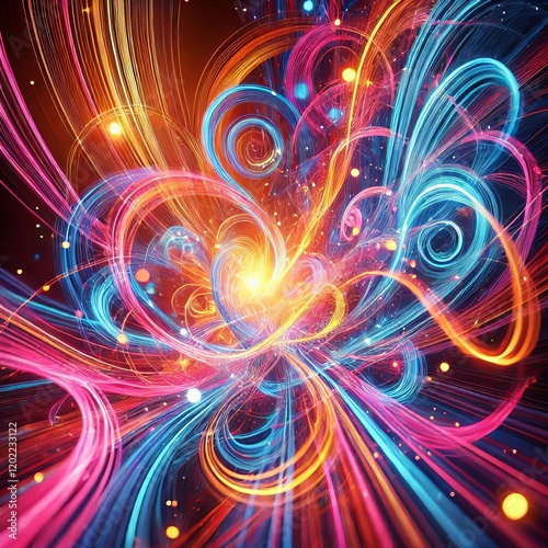 Bright neon light trails captured in long exposure, creating abstract swirling patterns of vivid colors against a dark background.