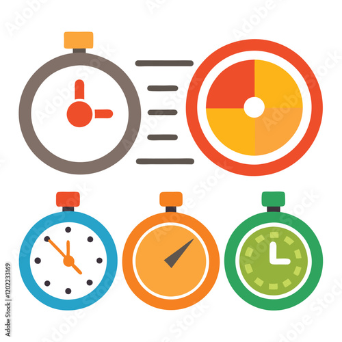 Colorful Flat Design Stopwatch Icons Set: Timer, Countdown, Time Management Graphics for Web and App Design