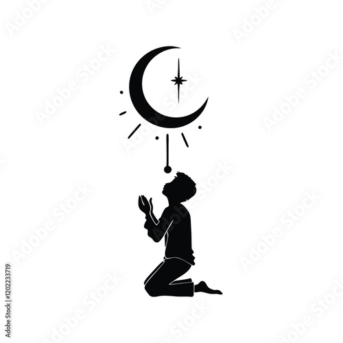 Black Silhouette of Kneeling Person Praying to Crescent Moon and Star, Minimalist Spiritual Art, Vector Illustration