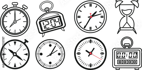 This graphic features a collection of simple line art illustrations depicting different timekeeping devices, including a stopwatch, alarm clock, analog clock, hourglass, and a digital timer.