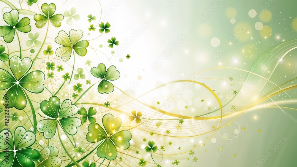 Lush green shamrocks and sparkling elements on bright light background, copy space Lush green shamrocks and sparkling elements on bright light background, copy space