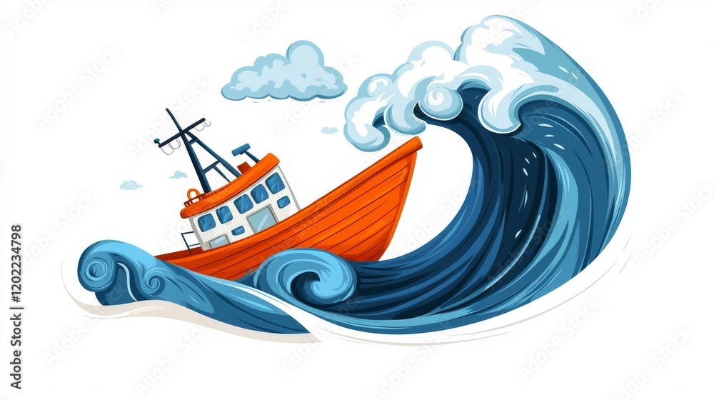 Fototapeta premium Colorful boat navigating a big ocean wave.