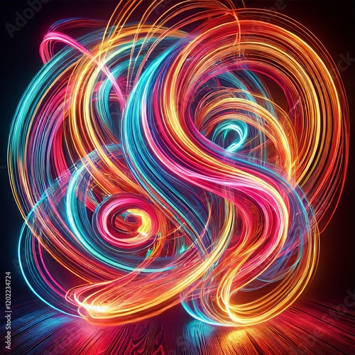 Bright neon light trails captured in long exposure, creating abstract swirling patterns of vivid colors against a dark background. photo