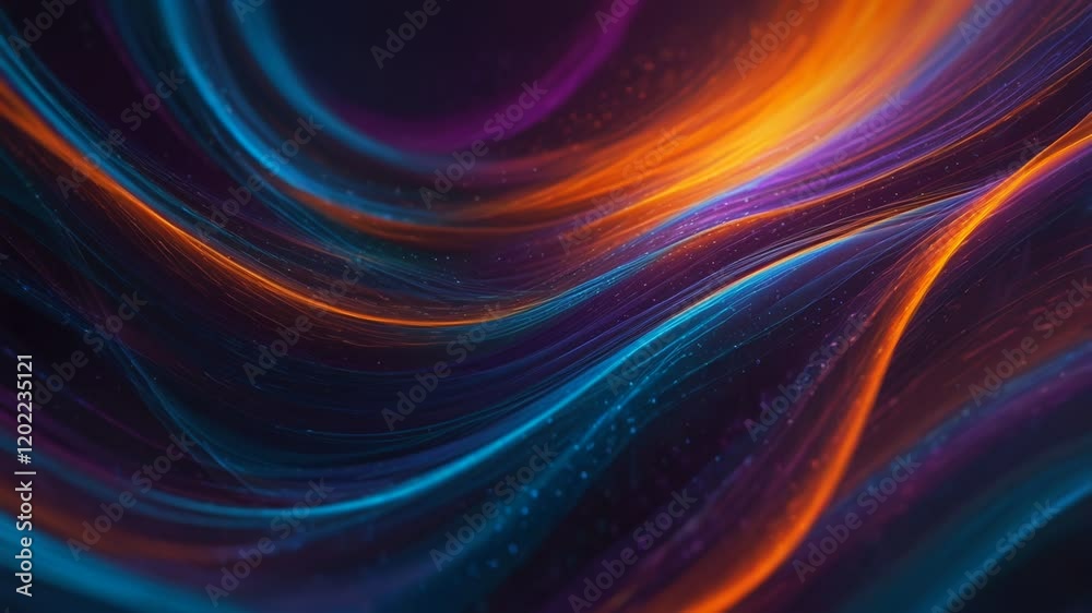 A stunning visual abstraction dominated by blue, purple and a little orange. Glowing waves of light create an effect of depth and dynamic movement.4k