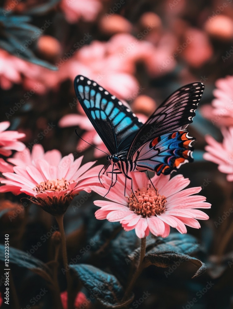 Naklejka premium Blue Butterfly on Pink Flower