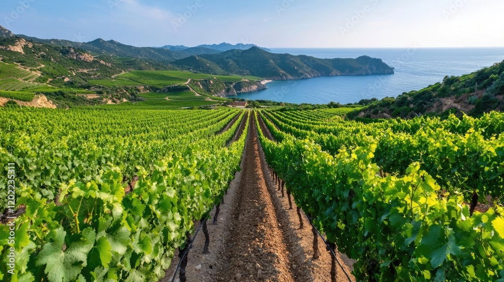 Obraz premium Coastal vineyard rows, Mediterranean sea view, summer sun. Tourism, wine production