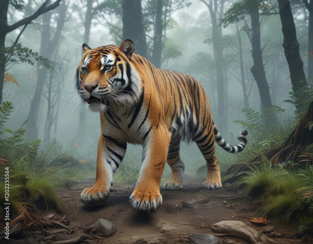 Fototapeta premium A tiger's massive paws against the ground in a misty forest, fog, paw prints, dense undergrowth