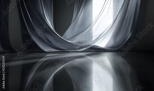 Abstract flowing gray fabric in a room with light shining through a window