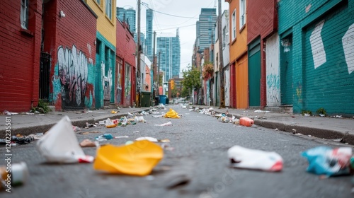 A vibrant city street is filled with litter that contrasts with artistic, colorful murals painted on the walls, emanating a sense of urban charm mixed with disorder. photo