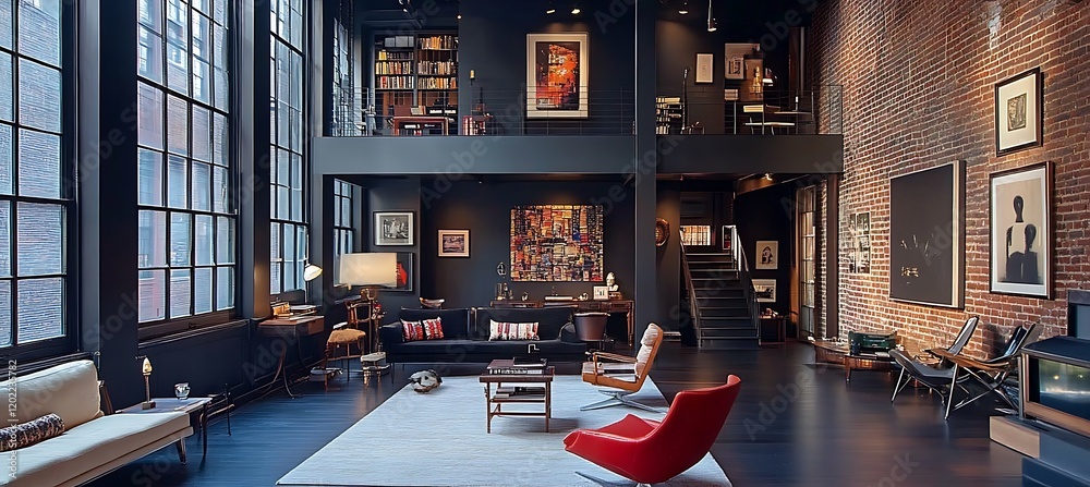 Naklejka premium An upscale urban loft with high ceilings, stylish furniture, and a creative layout