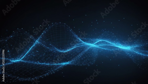 Glowing blue lines form a fractal wave design across an abstract space