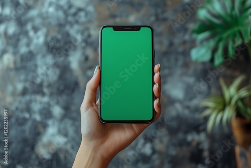 Close-up of a hand holding a smartphone with a green screen against a natural outdoor background. photo