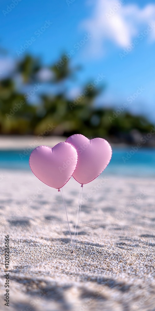 Fototapeta premium Two pink heart-shaped balloons on sandy beach with a beautiful blue ocean backdrop.