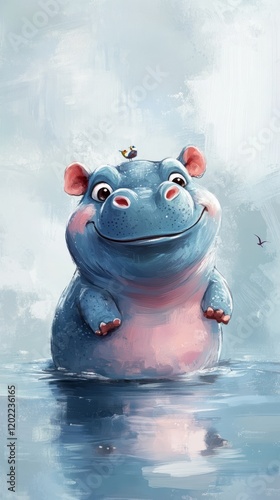 Happy hippo in the water with birds