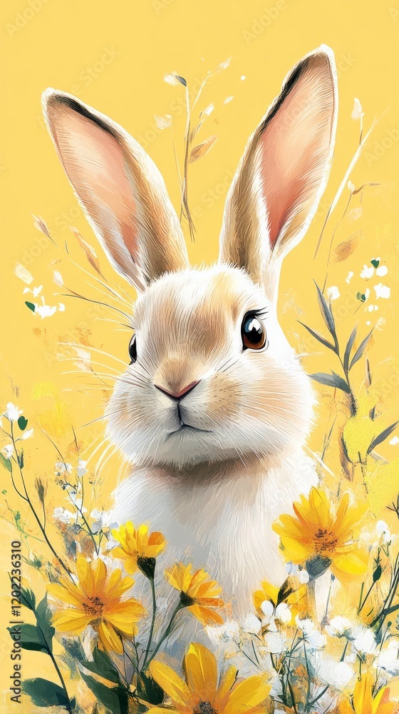 Adorable bunny surrounded by yellow flowers Adorable bunny surrounded by yellow flowers