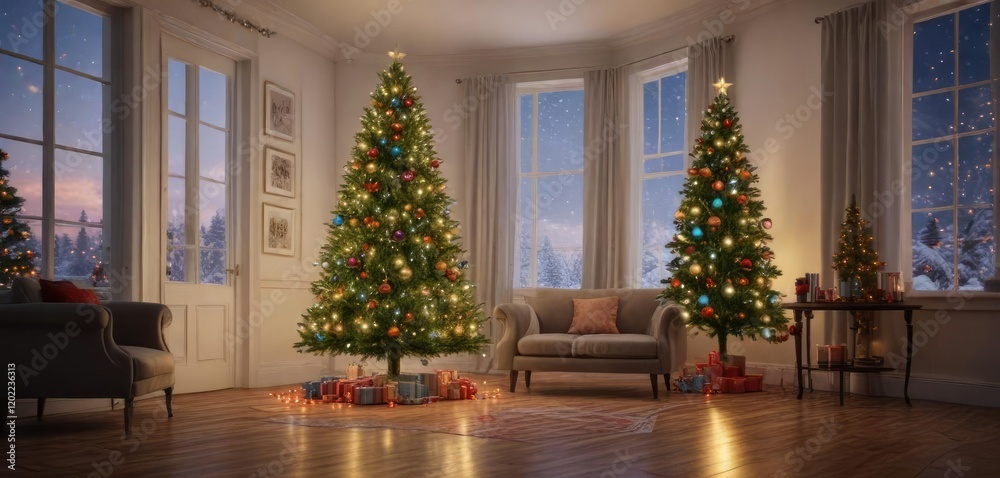 A towering Christmas tree with colorful lights and ornaments in a bright room , , Colorful lights A towering Christmas tree with colorful lights and ornaments in a bright room , , Colorful lights