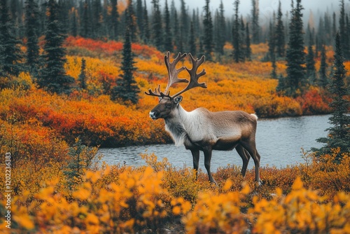 Caribou Stands in Autumnal Alaskan Landscape photo