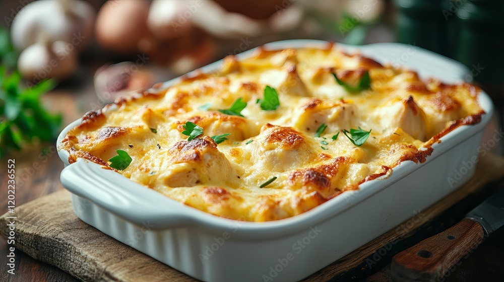 Creamy Chicken and Mushroom Casserole in White Baking Dish Creamy Chicken and Mushroom Casserole in White Baking Dish