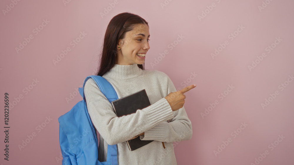 Fototapeta premium Woman pointing with a smile, wearing a sweater and holding a book, against a pink background, with a blue backpack, portraying an attractive young female student, isolated and happy