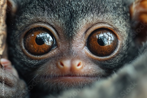 Closeup of a baby pygmy marmoset with large eyes photo