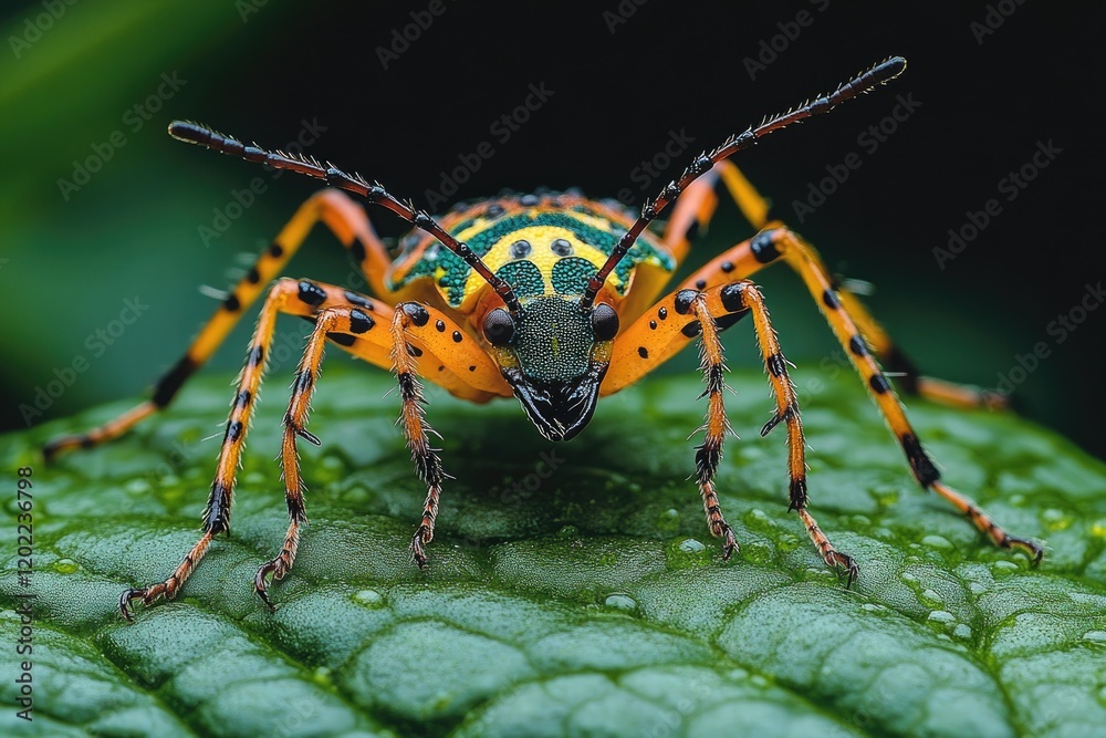 Fototapeta premium Colorful Beetle on Green Leaf Close Up