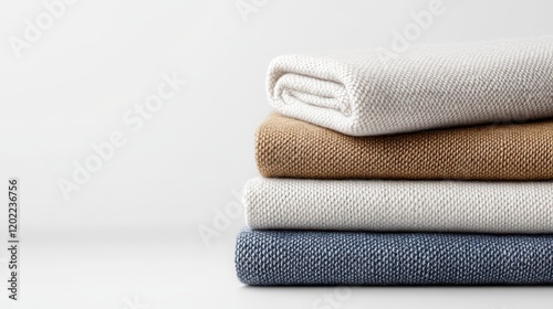 fabric textures stacked neatly showcasing three folded blankets offering luxurious warmth and comfort perfect for interior design and cozy home decor photography