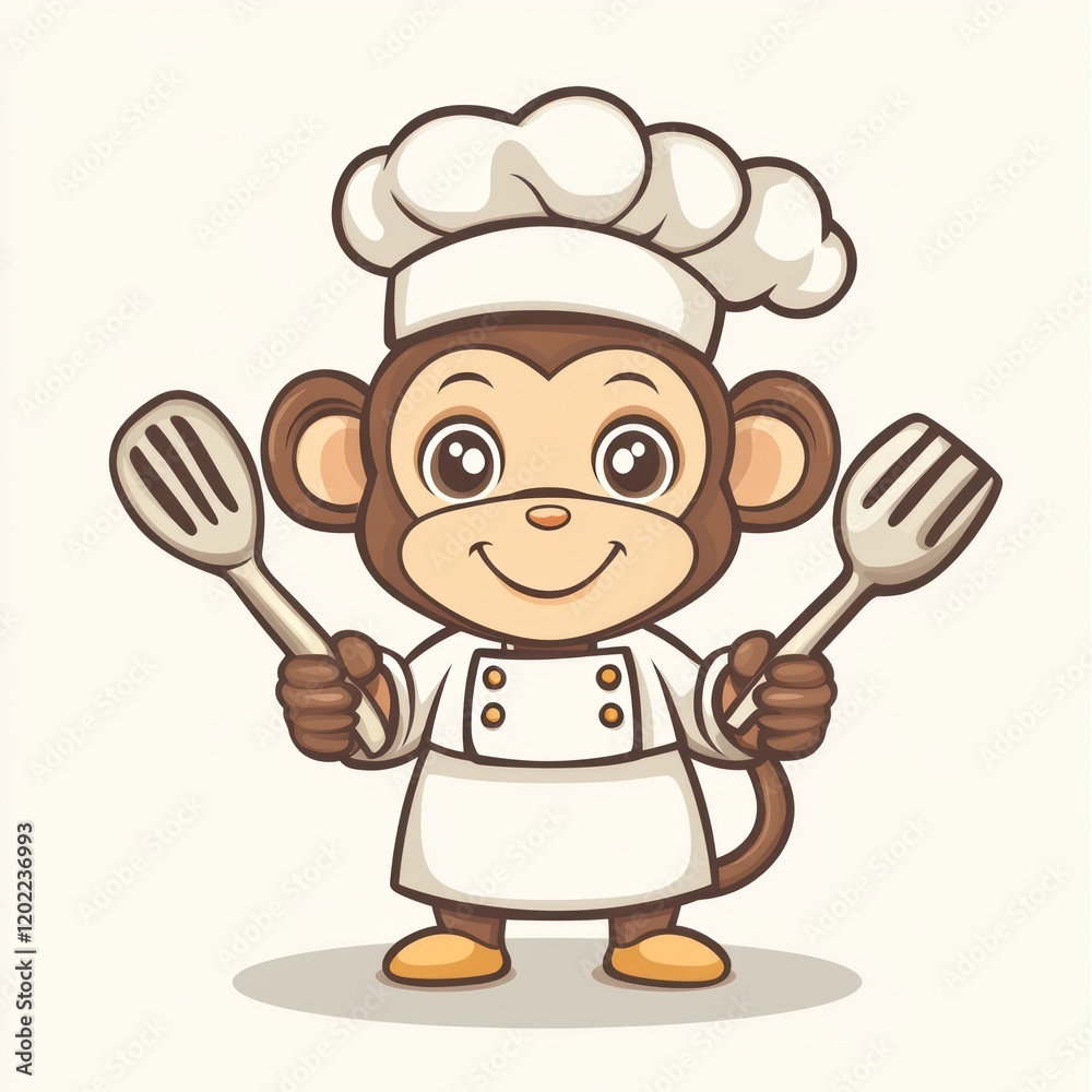 Chef monkey cooking, kitchen tools, white background, children's illustration Chef monkey cooking, kitchen tools, white background, children's illustration