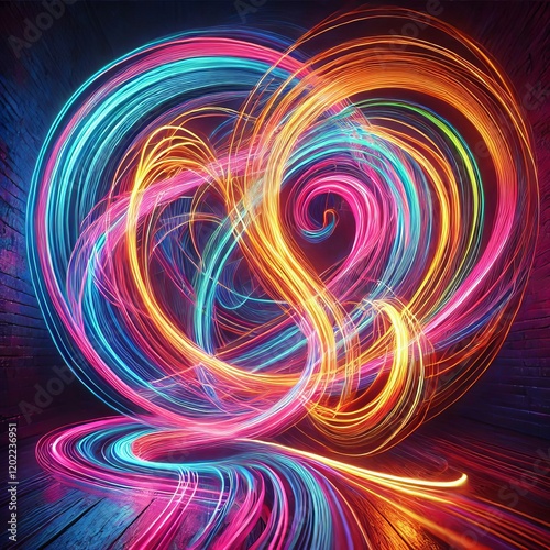 Bright neon light trails captured in long exposure, creating abstract swirling patterns of vivid colors against a dark background. photo