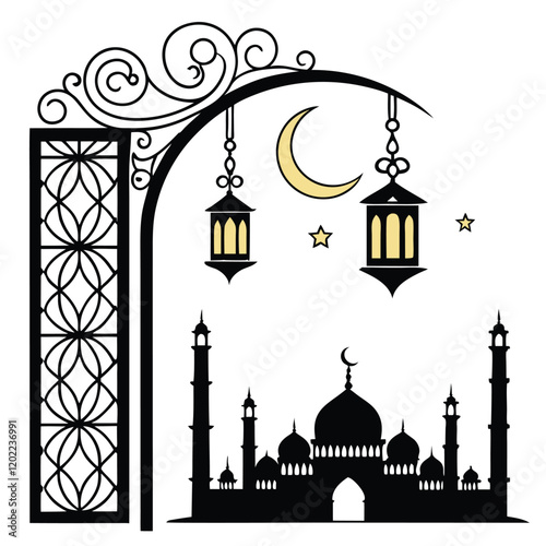 Islamic Mosque Silhouette with Ornamental Archway and Lanterns
