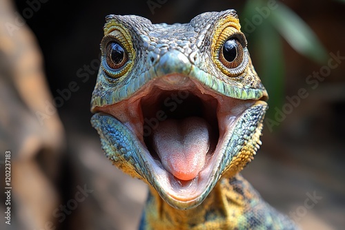 Colorful Lizard With Open Mouth Showing Tongue photo