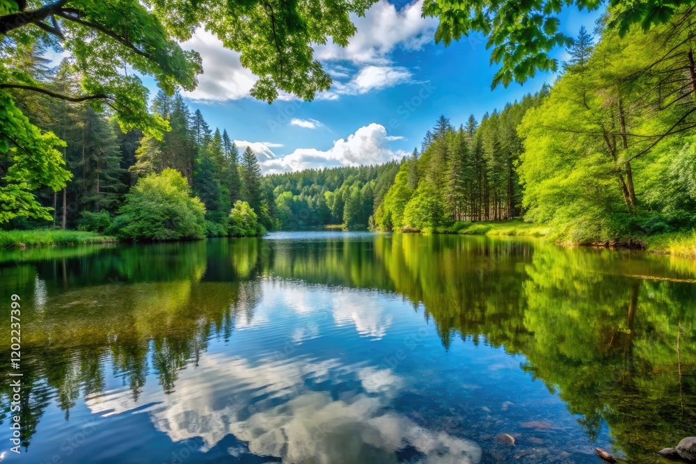A tranquil lake surrounded by towering trees and lush forest vegetation, serenity, wildlife A tranquil lake surrounded by towering trees and lush forest vegetation, serenity, wildlife