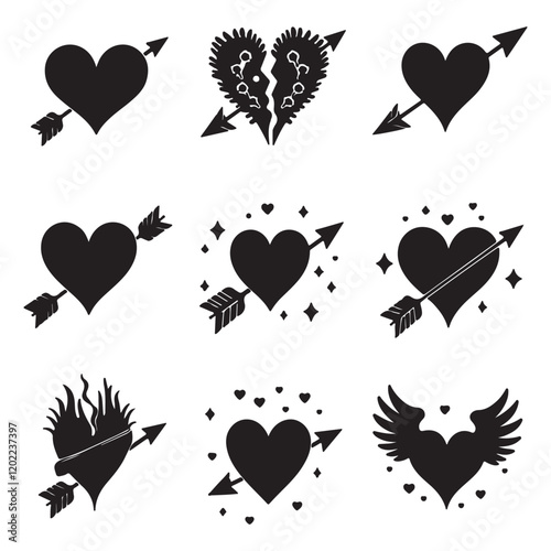 Heart Symbol Icon Vector Illustration Set Red heart pierced by Cupids arrow neon sign Heart pierced by Cupid's arrow
 
 