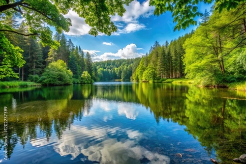 A tranquil lake surrounded by towering trees and lush forest vegetation, serenity, wildlife