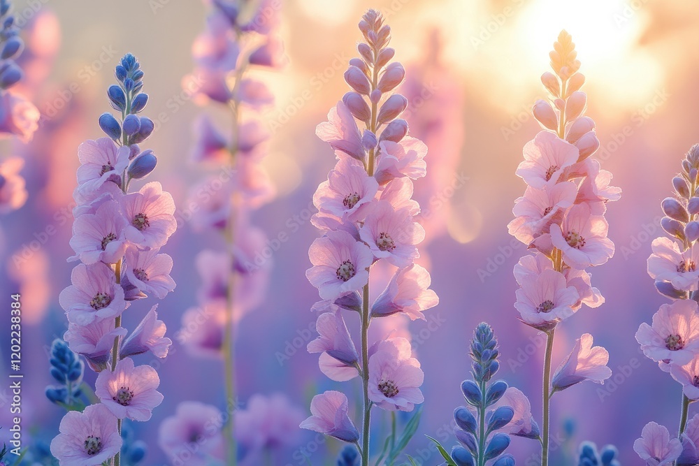 Naklejka premium Delicate Pink Flowers Illuminated By Sunset Glow