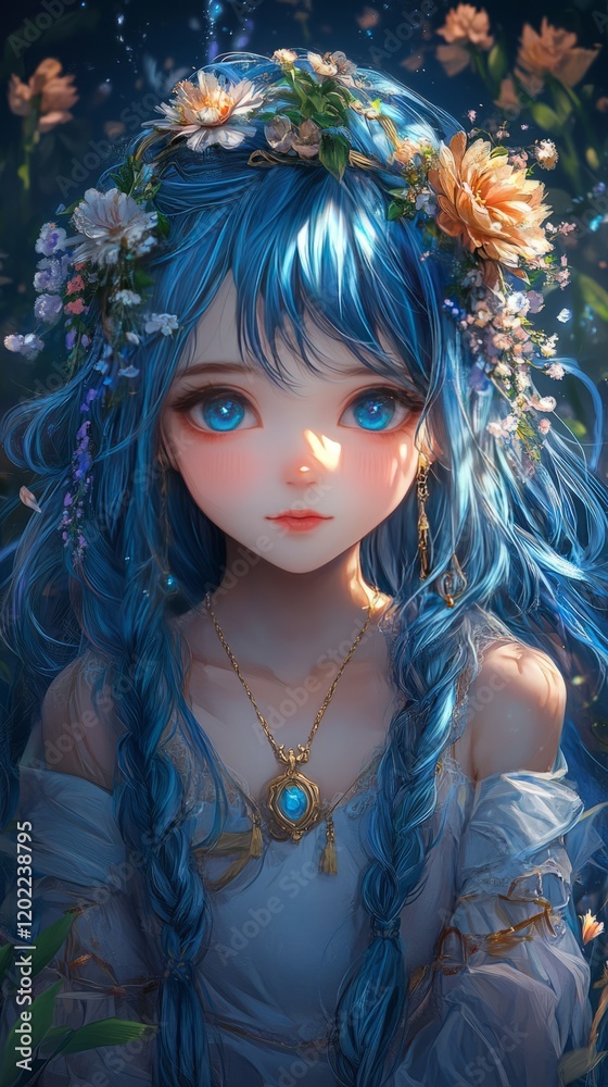 Fototapeta premium Enchanted maiden with vibrant blue hair