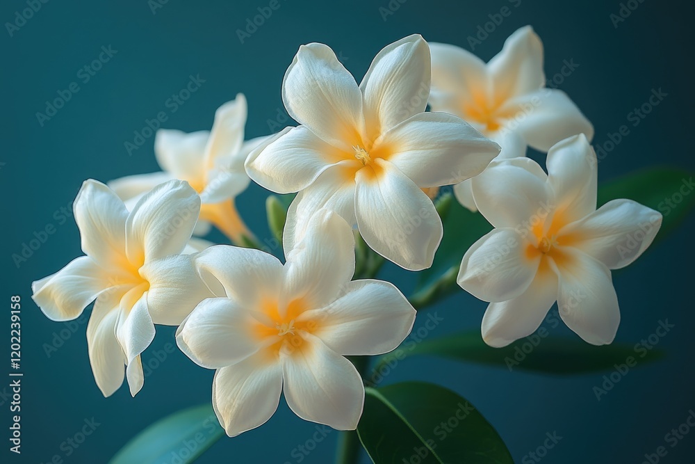 Fototapeta premium Delicate White Plumeria Flowers Blossom Against Teal