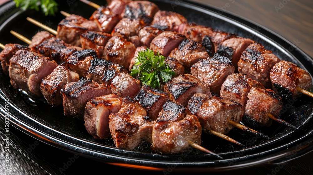 Smoky and charred lamb shashlik skewers arranged on a wooden platter capturing culinary artistry and flavor Smoky and charred lamb shashlik skewers arranged on a wooden platter capturing culinary artistry and flavor