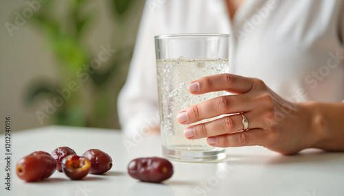 Middle-aged woman holding sparkling water glass indoors, Ramadan celebration