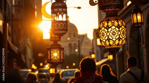 Street lamp glowing in the night city